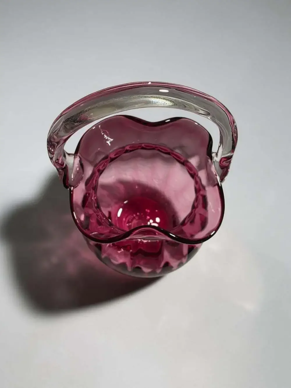 Vntg Pilgrim Art Glass Cranberry Ribbed Basket & Pitcher Set with Clear Handles
